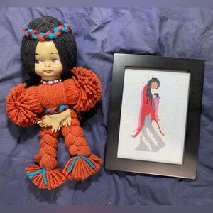 Handmade-Native American yarn doll and 4 x 6 cross stitch frame